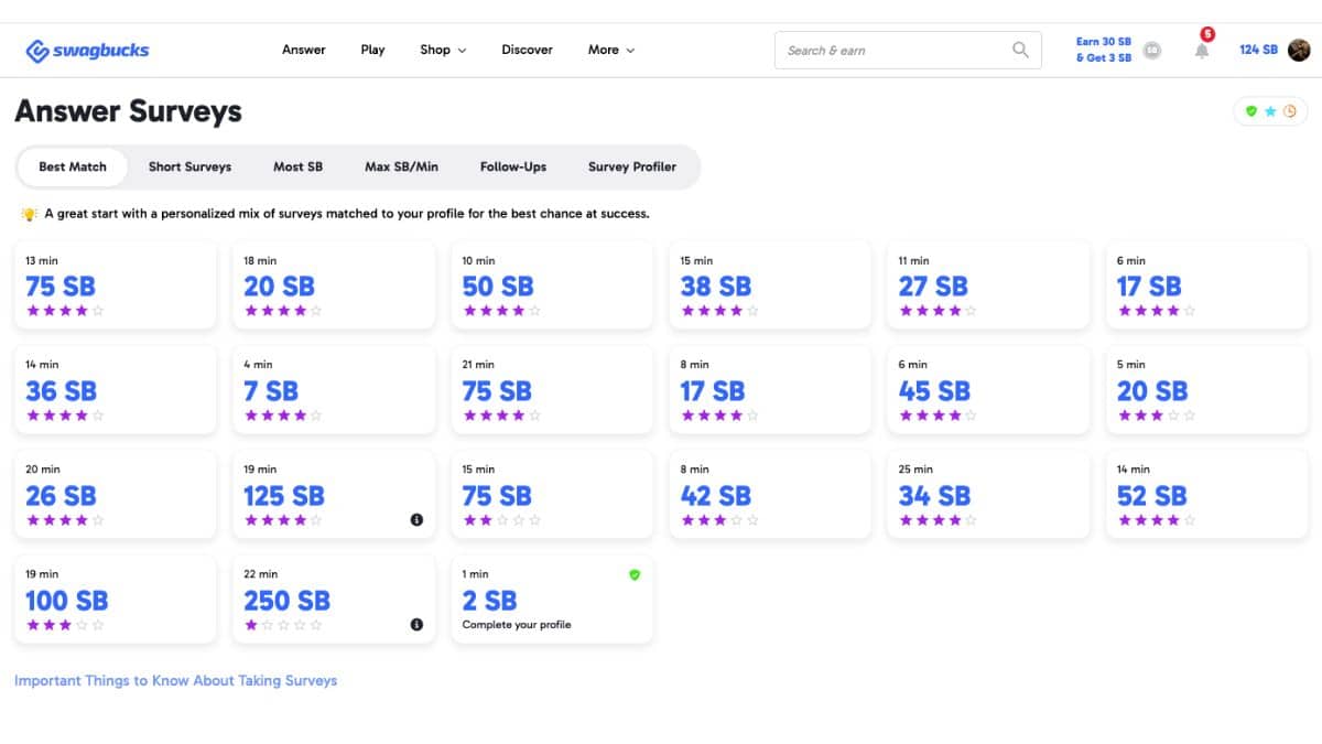 Swagbucks UK survey dashboard showing survey times and SB rewards in September 2026