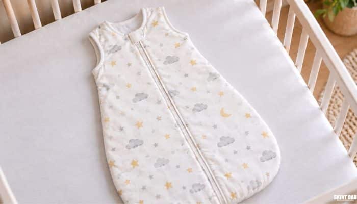 Baby sleeping bag with armholes and no hood laid on a clear cot mattress