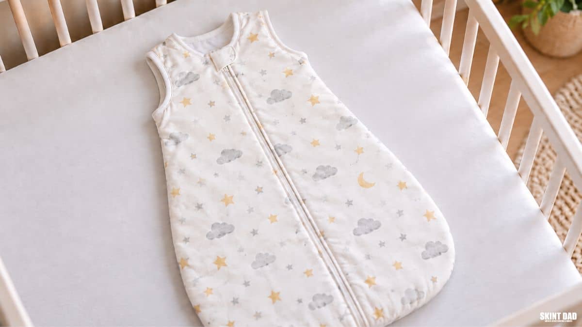 Baby sleeping bag with armholes and no hood laid on a clear cot mattress