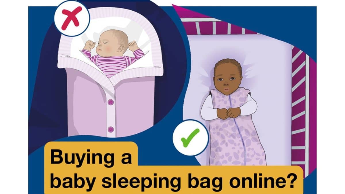 OPSS safety graphic showing baby sleeping bag designs with and without armholes
