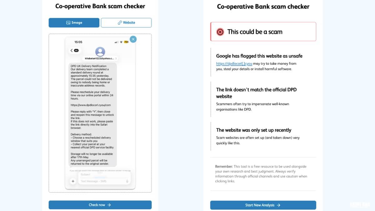 Side-by-side screenshots showing the Co-operative Bank scam checker analysing a fake DPD delivery message and flagging it as a possible scam.