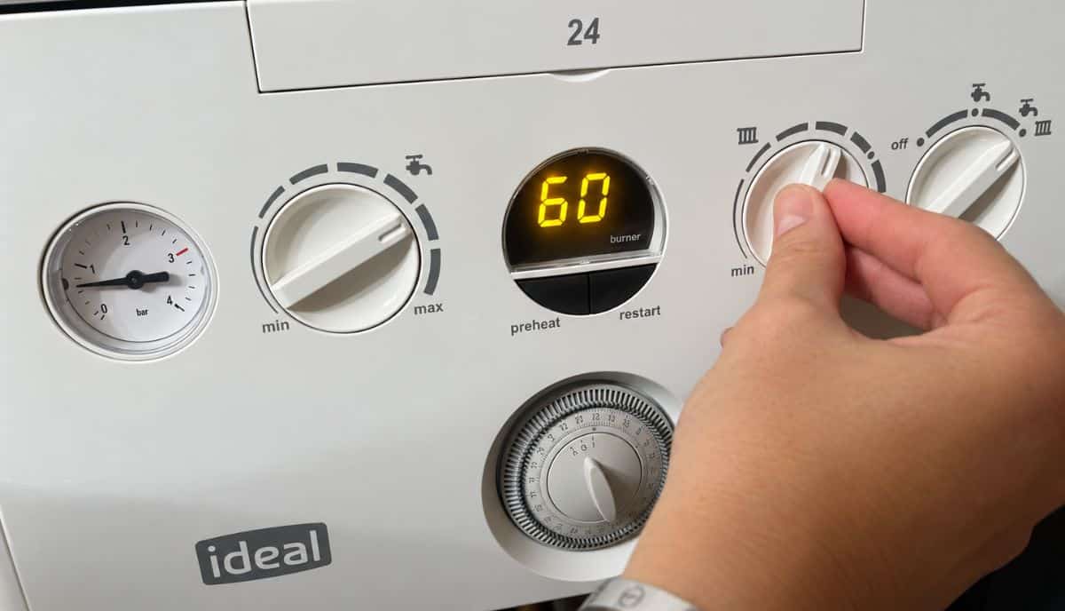 Hand adjusting the central heating temperature dial on an Ideal combi boiler, with 60 showing on the display.