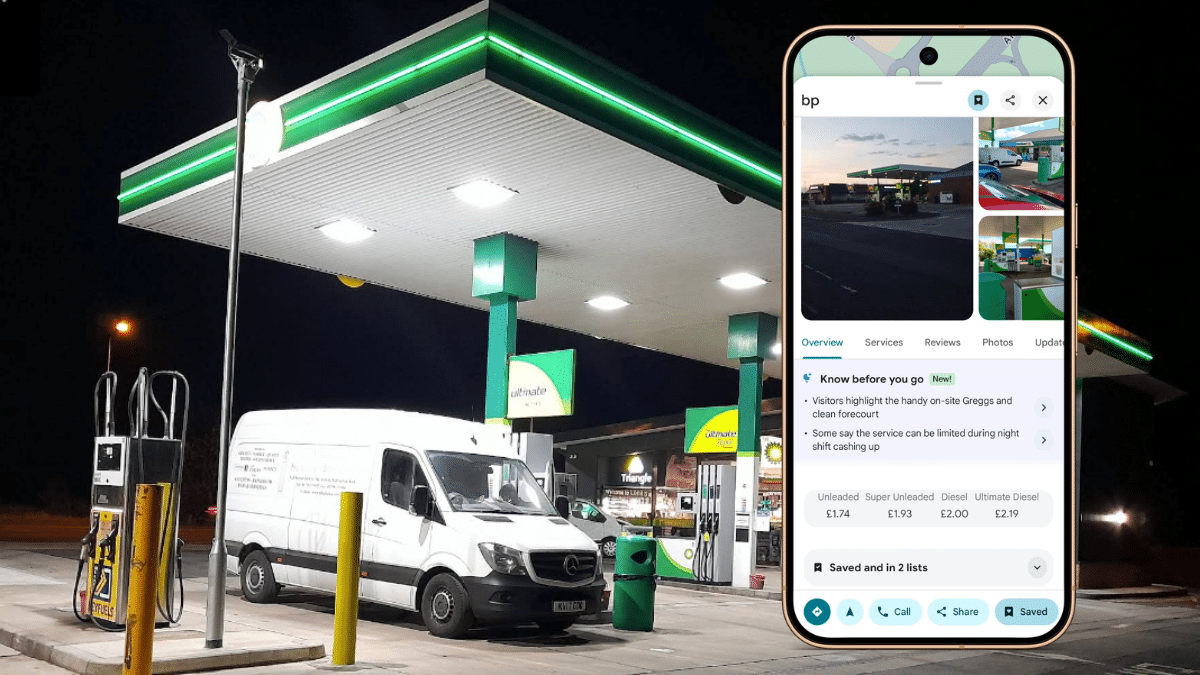 Google Maps showing petrol and diesel prices at a BP filling station