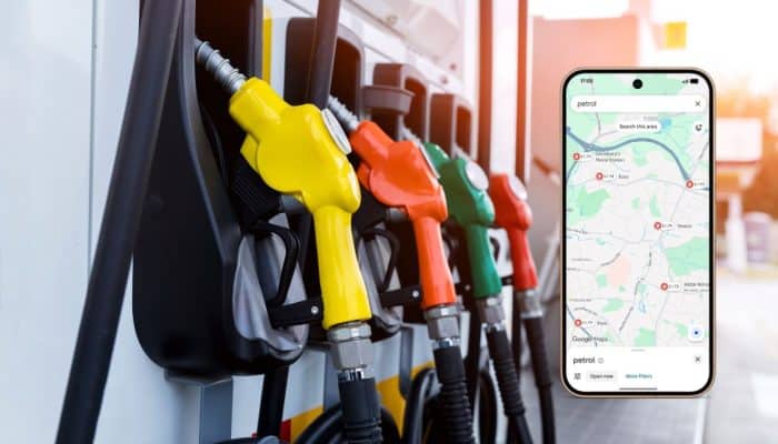 Google Maps showing nearby petrol prices alongside fuel pumps