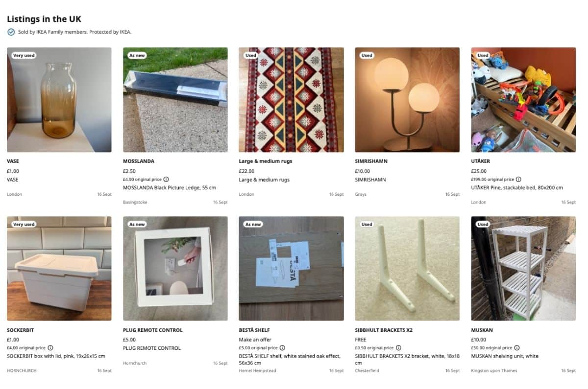 UK listings on IKEA’s second-hand marketplace showing used furniture and homeware for sale