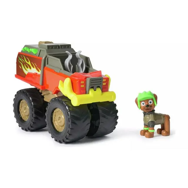 Boomer Monster Truck toy with orange and grey vehicle, large tyres and a small dog figure