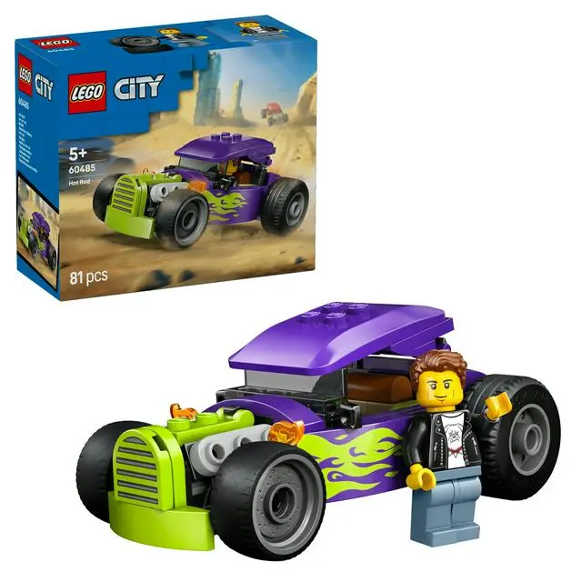 LEGO City Hot Rod 60485 with purple and green car, minifigure and product box